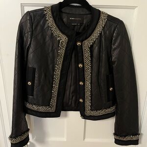 Bcbg Max Azria Quilted Tweed Black Leather Jacket Blazer XS